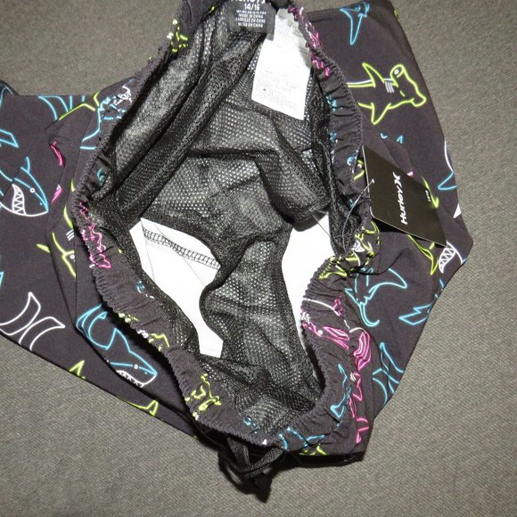 Hurley Black Multi Shark Print Swim Trunks, NEW, Size 14-16, 27"-36" Waist - Picture 4 of 6
